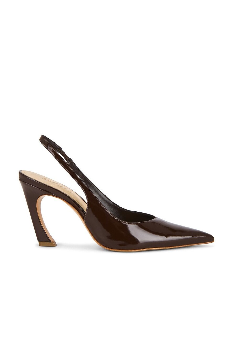 Schutz Lexi Mid Slingback Pump in Chestnut Brown patent leather mid heel pointed